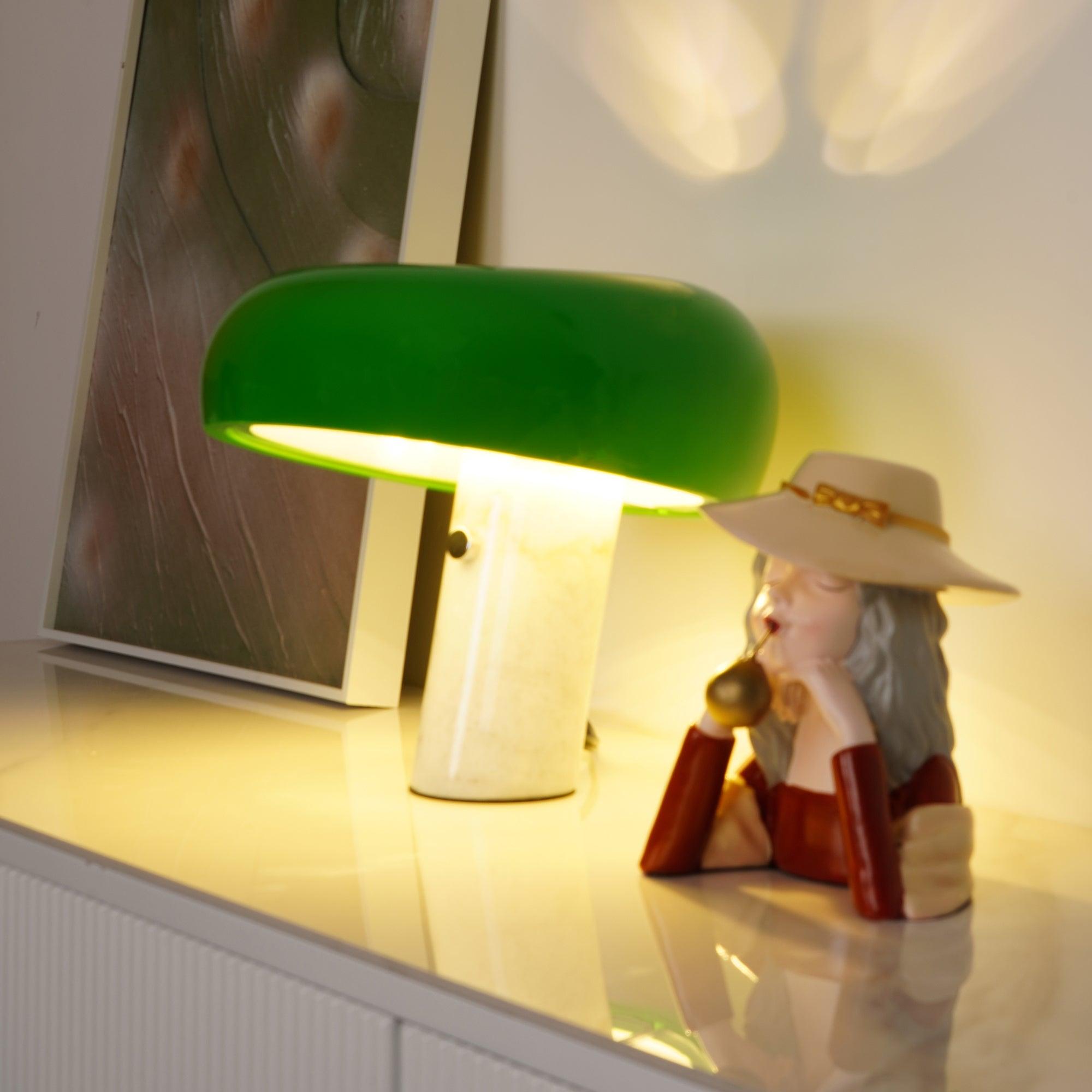 Modern Italian White Carrara Marble Table Lamp with Glazed Metal Mushroom Shade