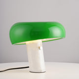 Modern Italian White Carrara Marble Table Lamp with Glazed Metal Mushroom Shade