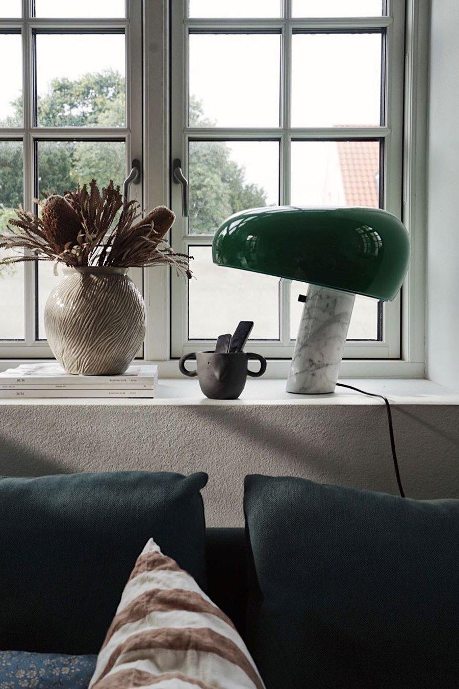 Modern Italian White Carrara Marble Table Lamp with Glazed Metal Mushroom Shade
