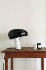 Modern Italian White Carrara Marble Table Lamp with Glazed Metal Mushroom Shade