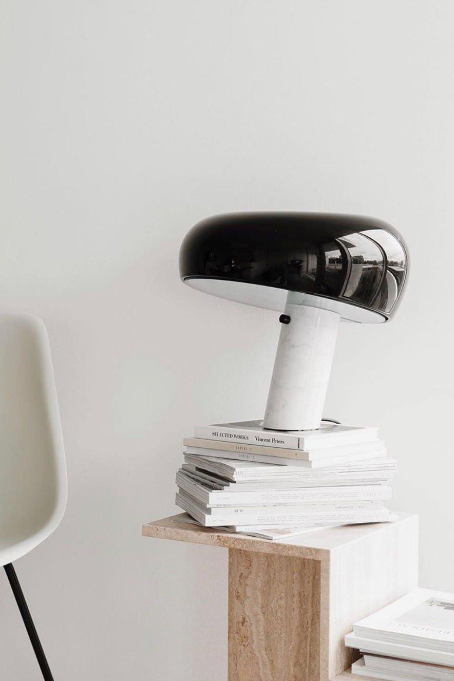 Modern Italian White Carrara Marble Table Lamp with Glazed Metal Mushroom Shade