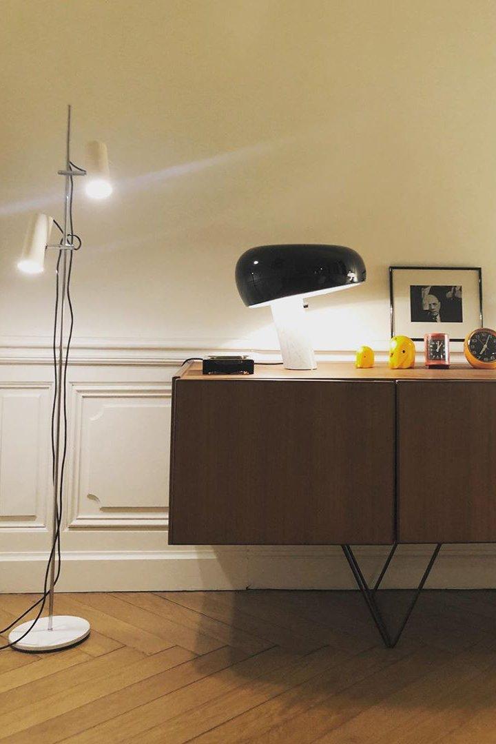Modern Italian White Carrara Marble Table Lamp with Glazed Metal Mushroom Shade