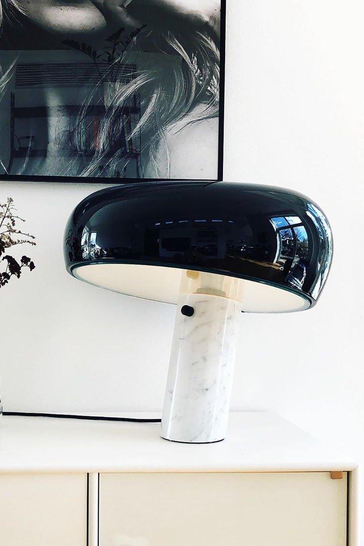 Modern Italian White Carrara Marble Table Lamp with Glazed Metal Mushroom Shade