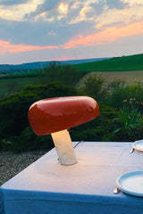 Modern Italian White Carrara Marble Table Lamp with Glazed Metal Mushroom Shade