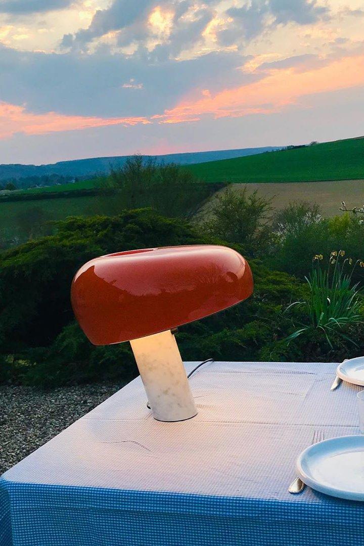 Modern Italian White Carrara Marble Table Lamp with Glazed Metal Mushroom Shade