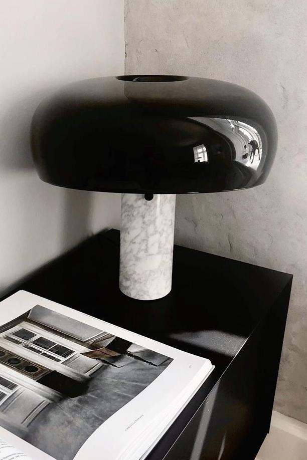Modern Italian White Carrara Marble Table Lamp with Glazed Metal Mushroom Shade
