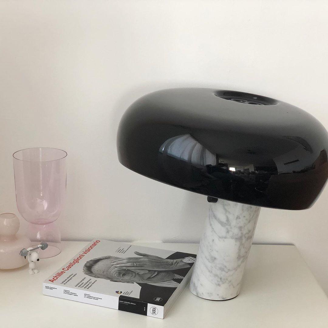 Modern Italian White Carrara Marble Table Lamp with Glazed Metal Mushroom Shade