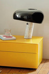 Modern Italian White Carrara Marble Table Lamp with Glazed Metal Mushroom Shade