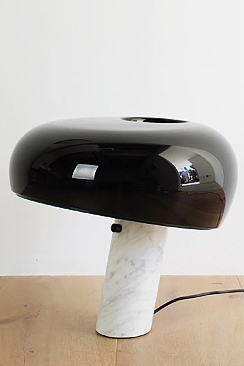 Modern Italian White Carrara Marble Table Lamp with Glazed Metal Mushroom Shade