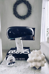 Modern Italian White Carrara Marble Table Lamp with Glazed Metal Mushroom Shade