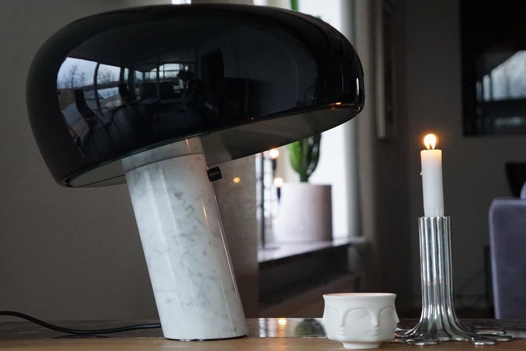 Modern Italian White Carrara Marble Table Lamp with Glazed Metal Mushroom Shade