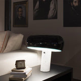 Modern Italian White Carrara Marble Table Lamp with Glazed Metal Mushroom Shade