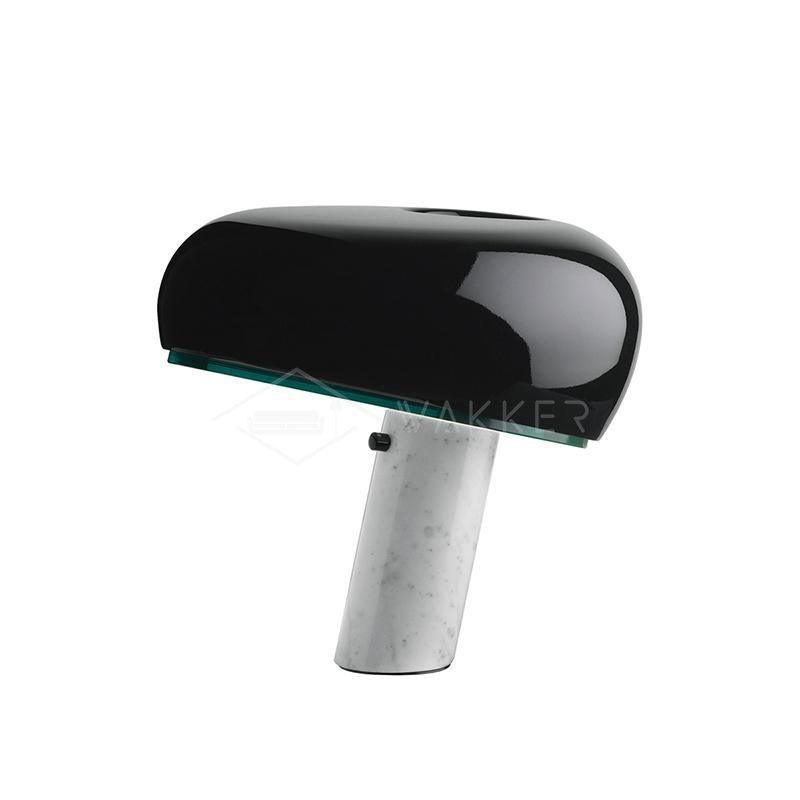 Modern Italian White Carrara Marble Table Lamp with Glazed Metal Mushroom Shade