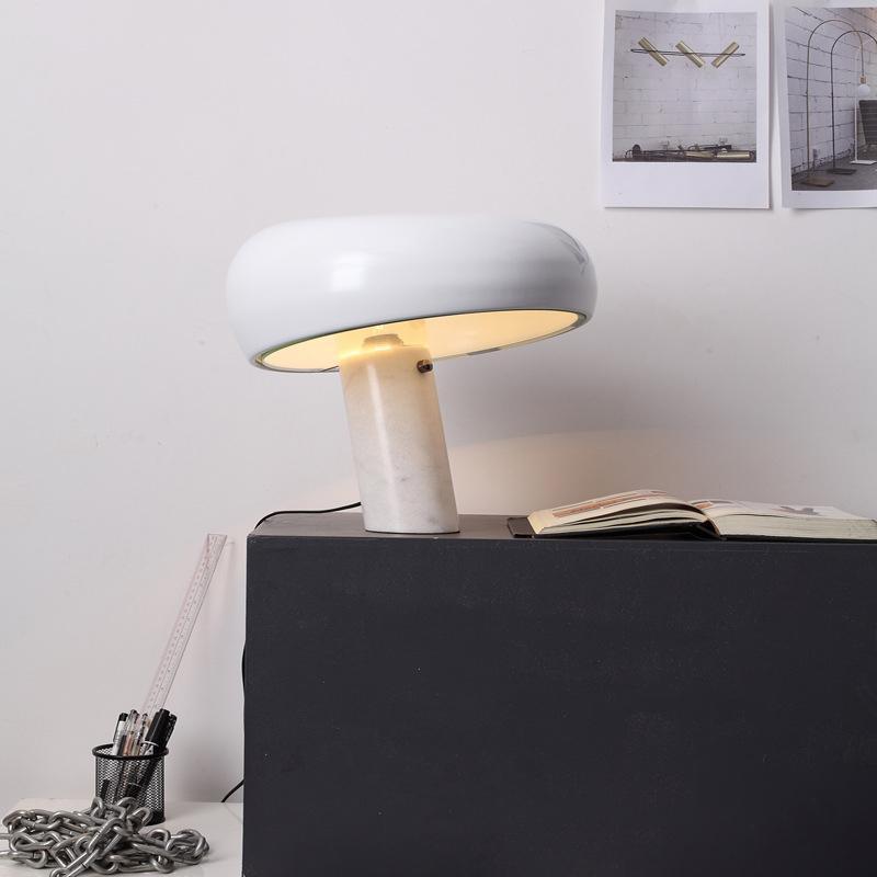 Modern Italian White Carrara Marble Table Lamp with Glazed Metal Mushroom Shade
