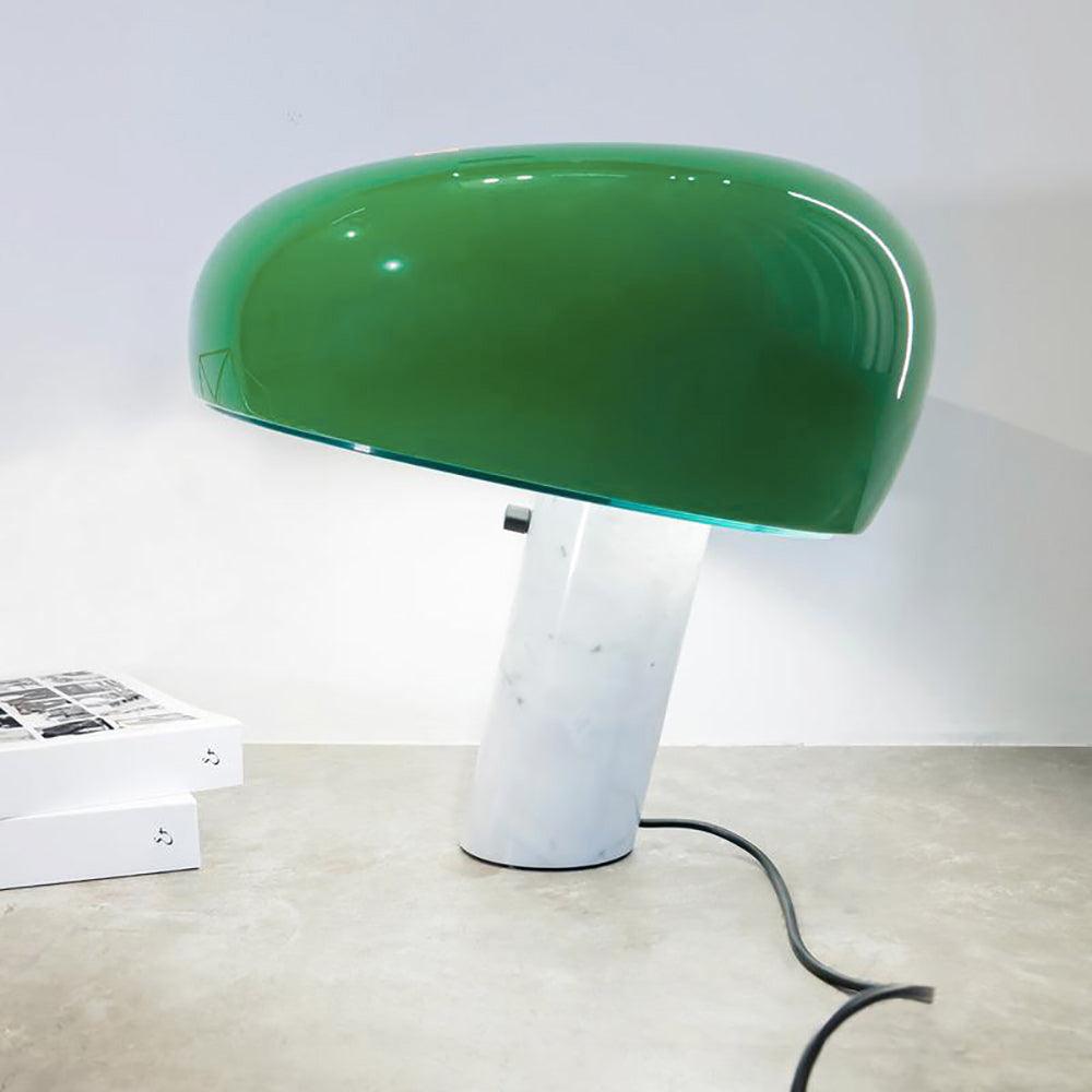 Modern Italian White Carrara Marble Table Lamp with Glazed Metal Mushroom Shade