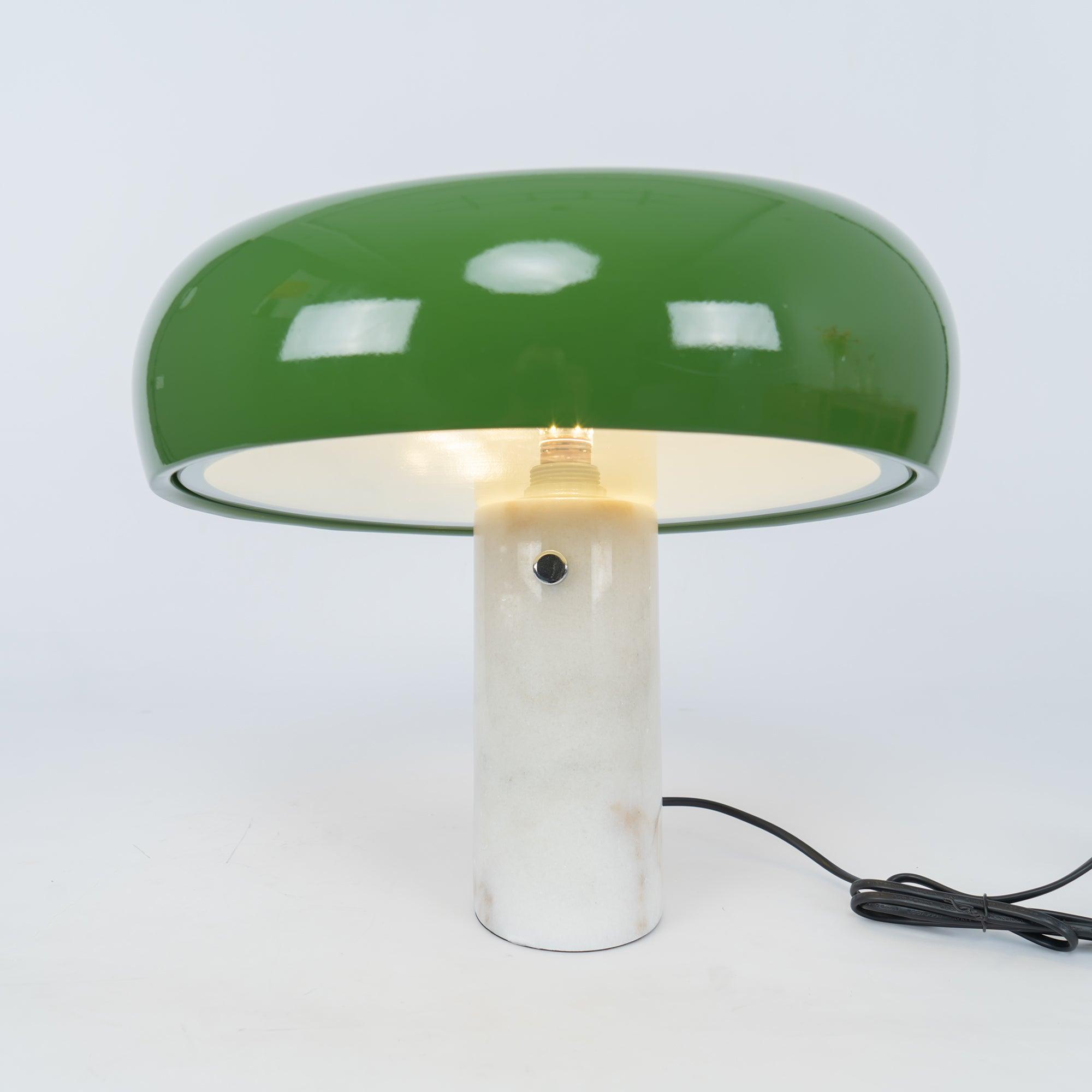 Modern Italian White Carrara Marble Table Lamp with Glazed Metal Mushroom Shade