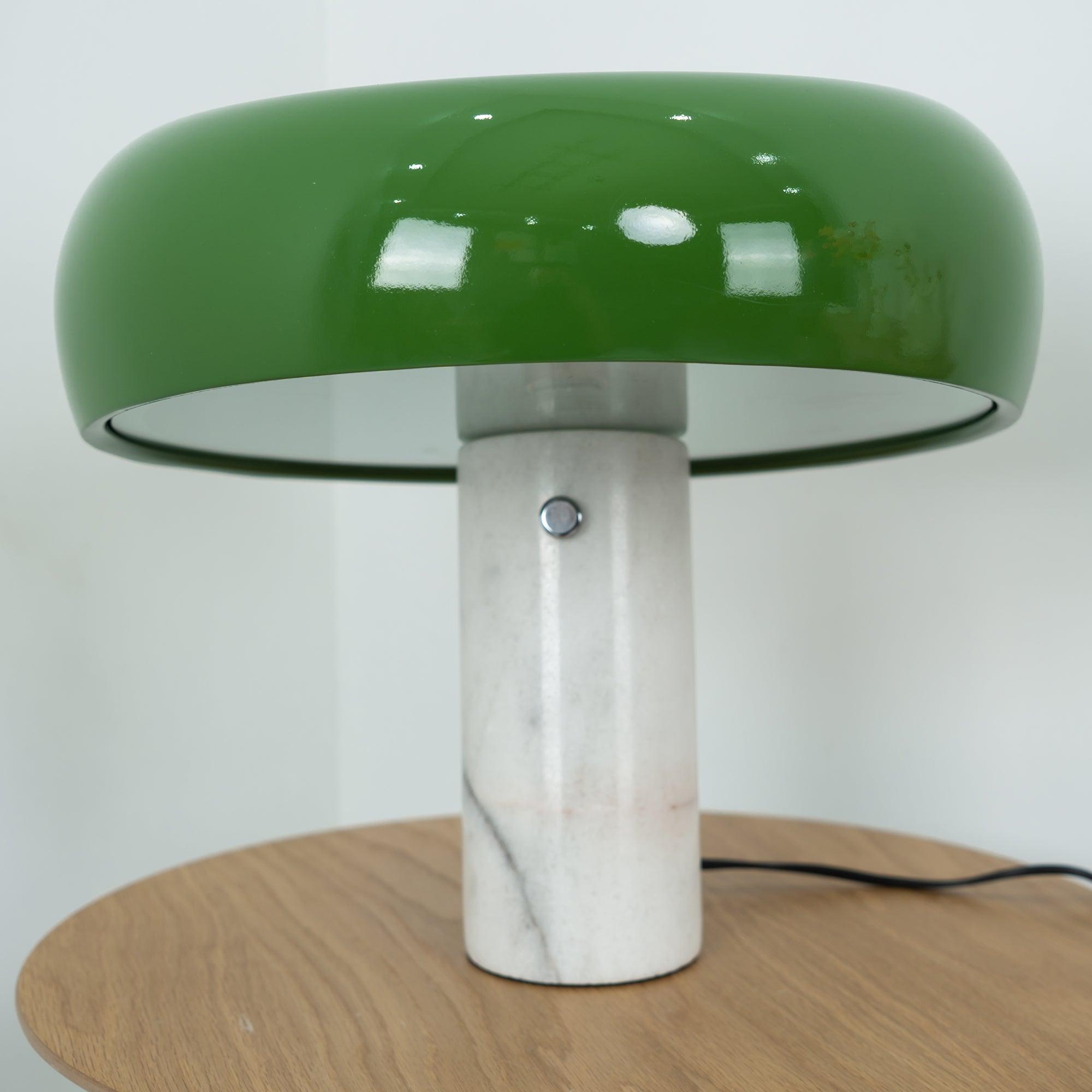 Modern Italian White Carrara Marble Table Lamp with Glazed Metal Mushroom Shade