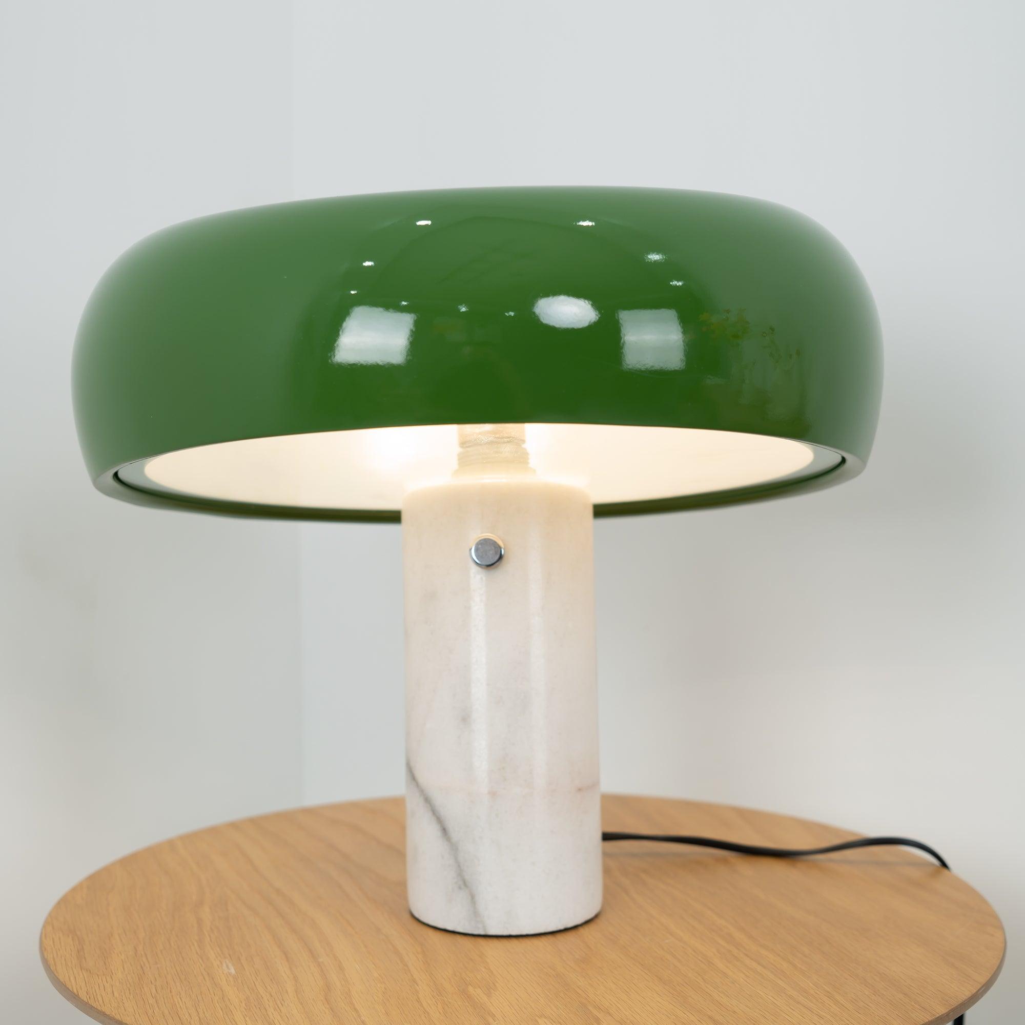 Modern Italian White Carrara Marble Table Lamp with Glazed Metal Mushroom Shade