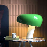 Modern Italian White Carrara Marble Table Lamp with Glazed Metal Mushroom Shade