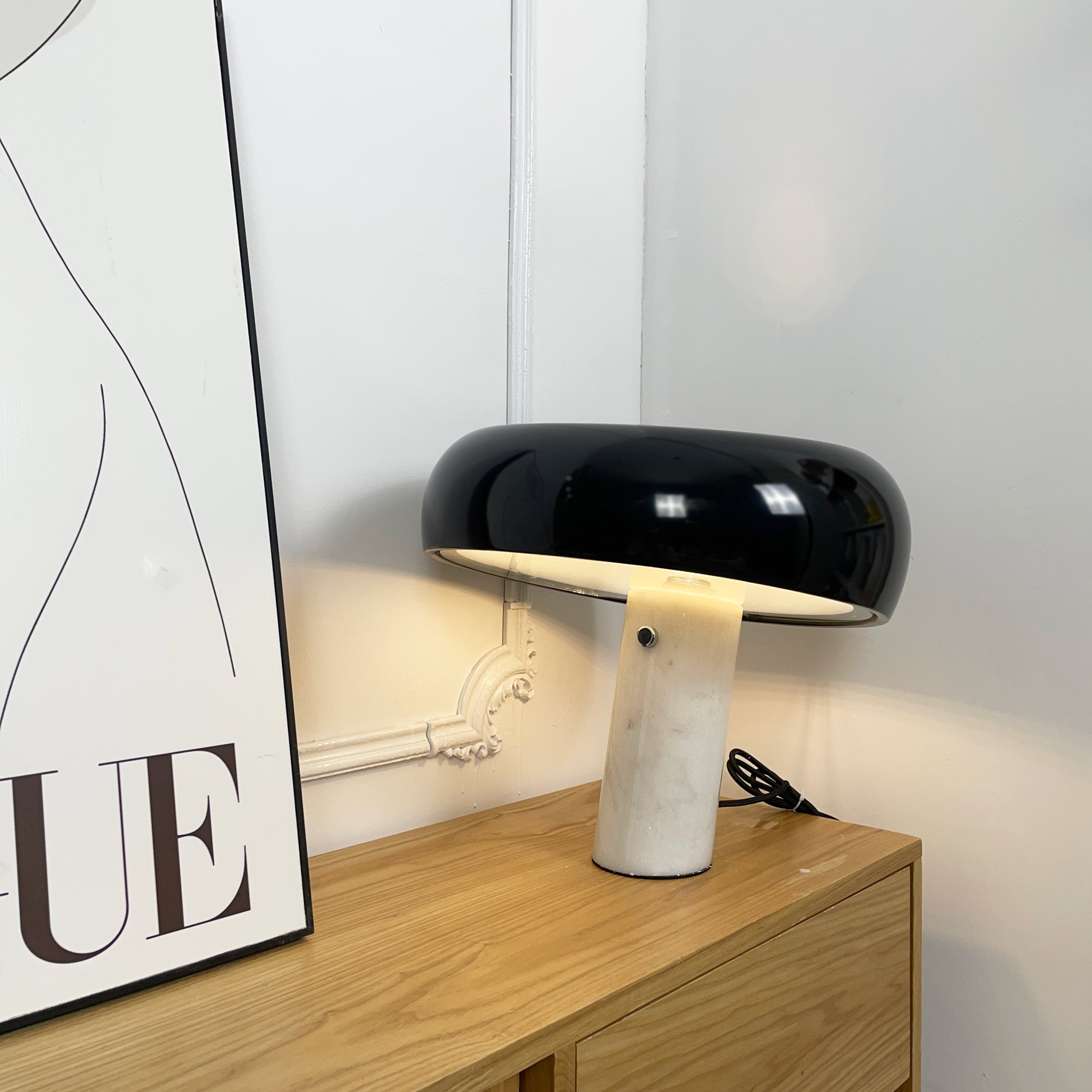 Modern Italian White Carrara Marble Table Lamp with Glazed Metal Mushroom Shade