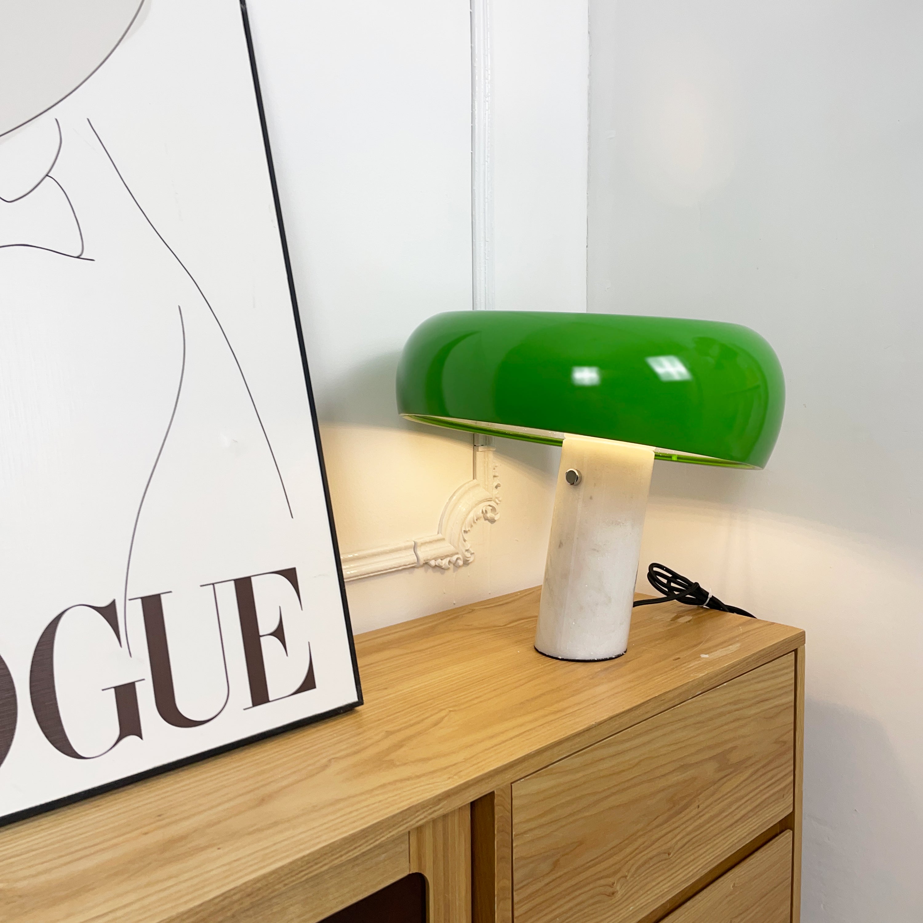 Modern Italian White Carrara Marble Table Lamp with Glazed Metal Mushroom Shade