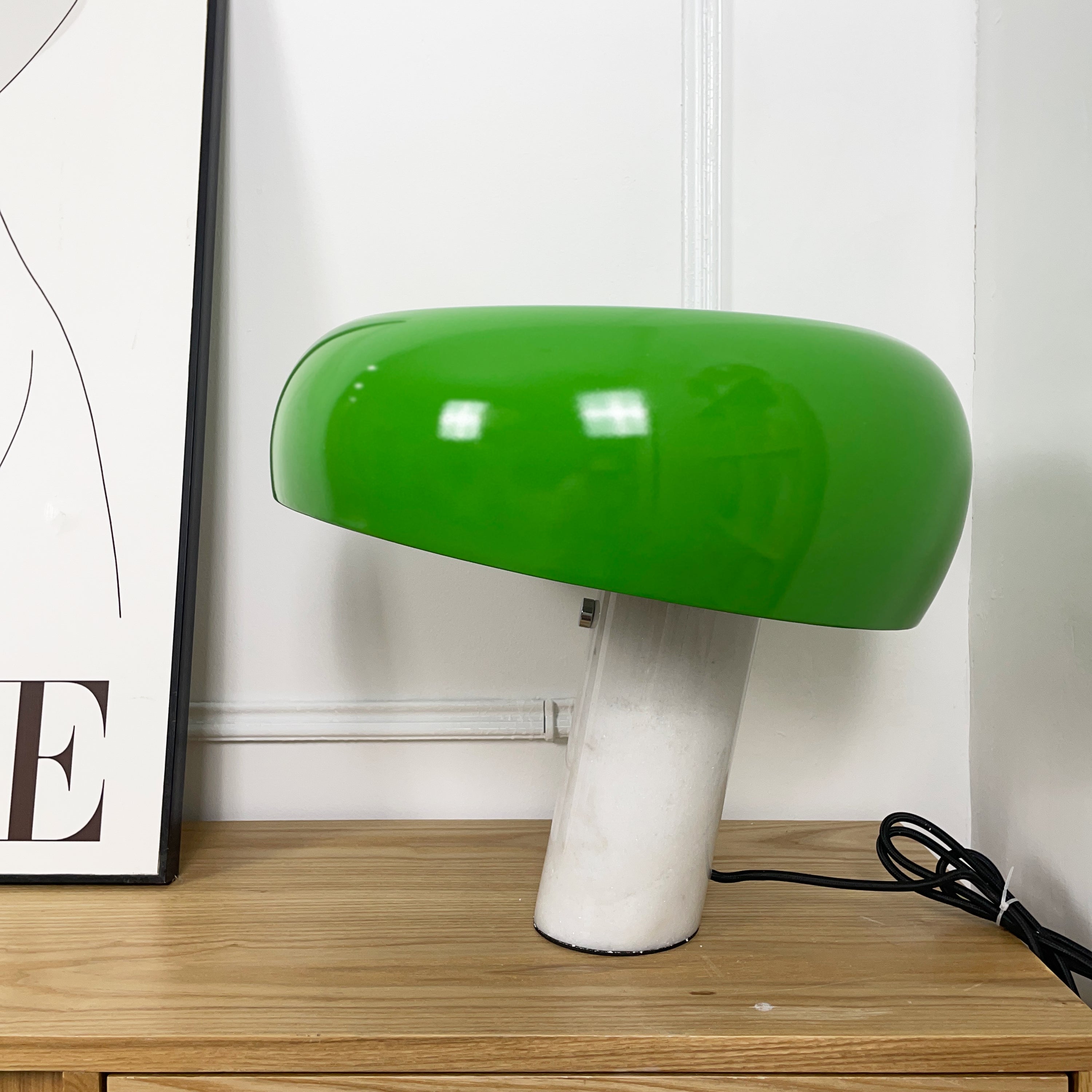 Modern Italian White Carrara Marble Table Lamp with Glazed Metal Mushroom Shade