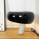 Modern Italian White Carrara Marble Table Lamp with Glazed Metal Mushroom Shade