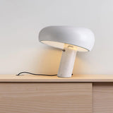 Modern Italian White Carrara Marble Table Lamp with Glazed Metal Mushroom Shade
