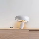 Modern Italian White Carrara Marble Table Lamp with Glazed Metal Mushroom Shade