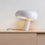 Modern Italian White Carrara Marble Table Lamp with Glazed Metal Mushroom Shade