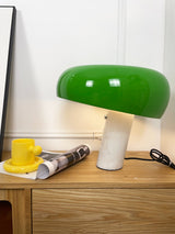 Modern Italian White Carrara Marble Table Lamp with Glazed Metal Mushroom Shade