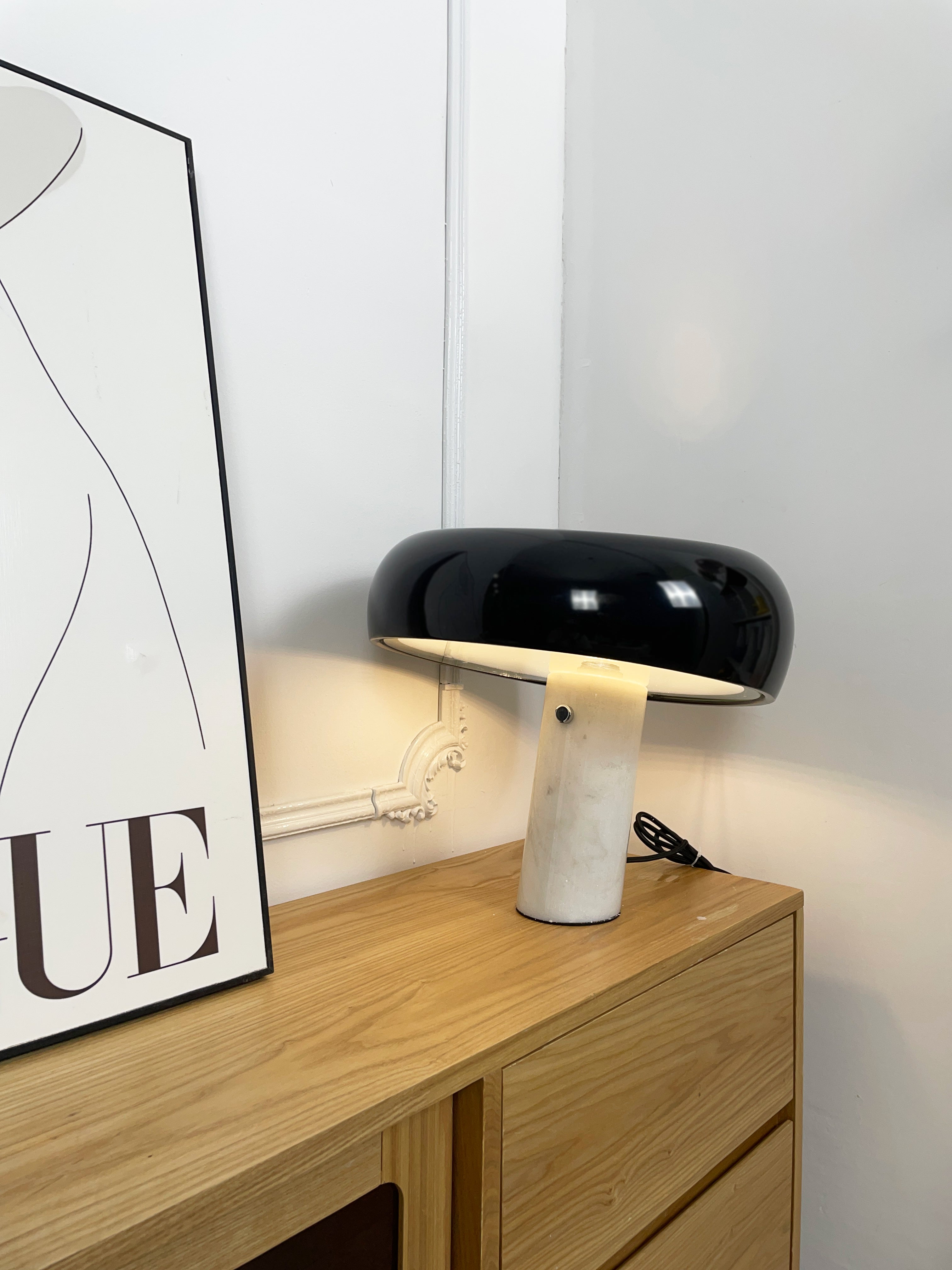 Modern Italian White Carrara Marble Table Lamp with Glazed Metal Mushroom Shade