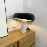 Modern Italian White Carrara Marble Table Lamp with Glazed Metal Mushroom Shade