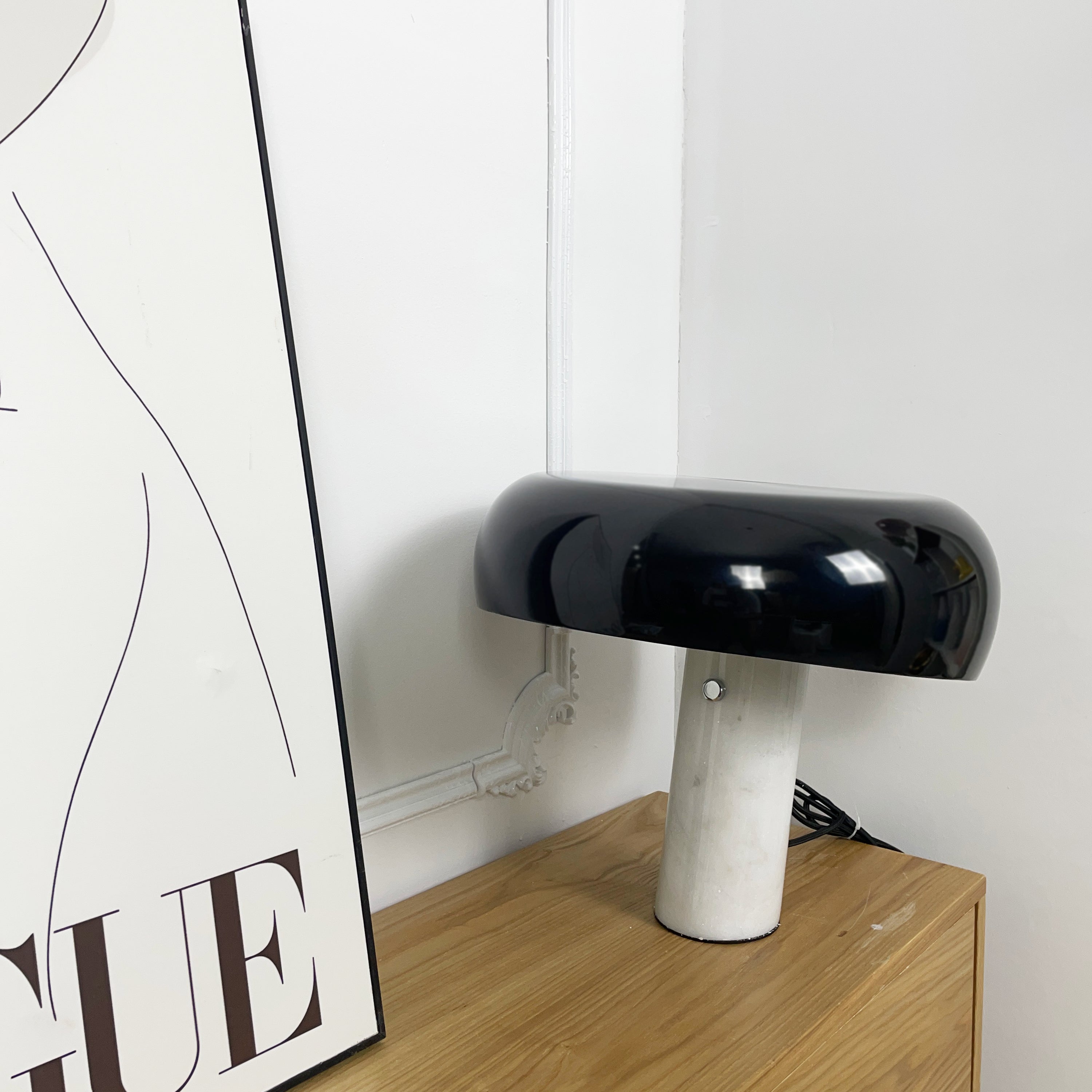 Modern Italian White Carrara Marble Table Lamp with Glazed Metal Mushroom Shade