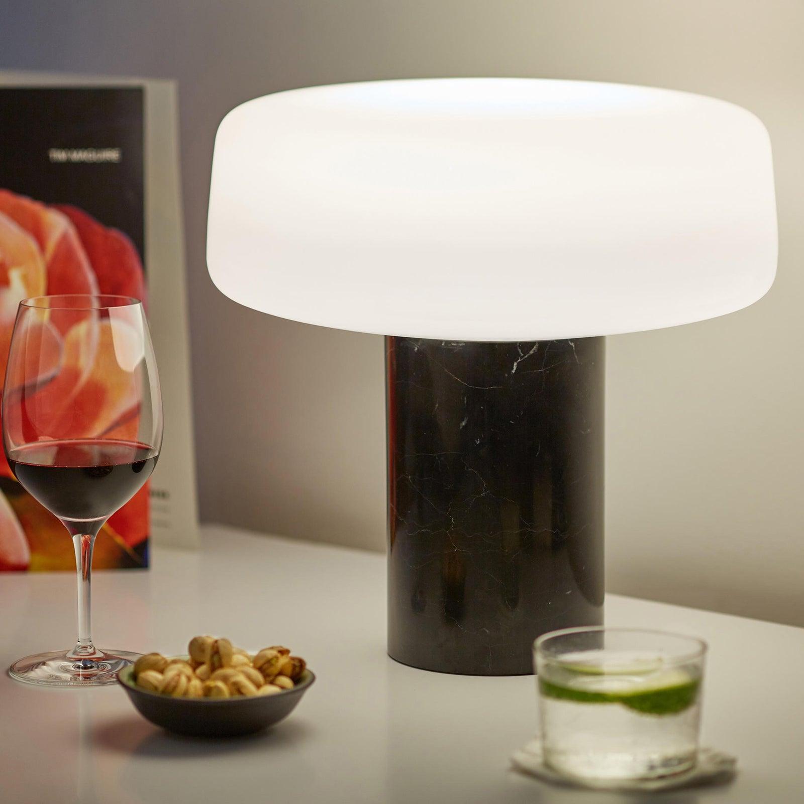 Modern Solid Marble Table Lamp with Hand Blown Glass Shade and Cylindrical Base Accent Lighting