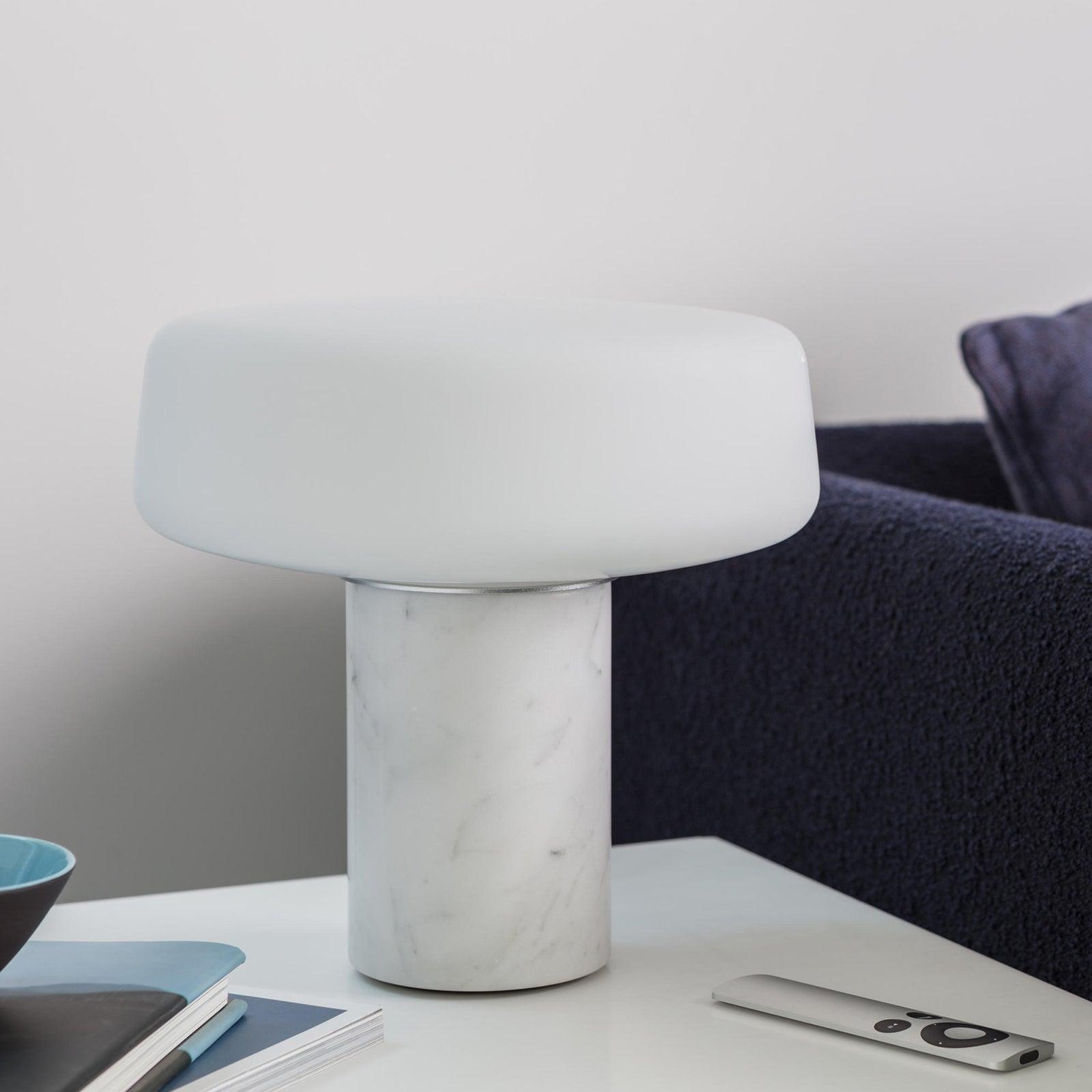 Modern Solid Marble Table Lamp with Hand Blown Glass Shade and Cylindrical Base Accent Lighting