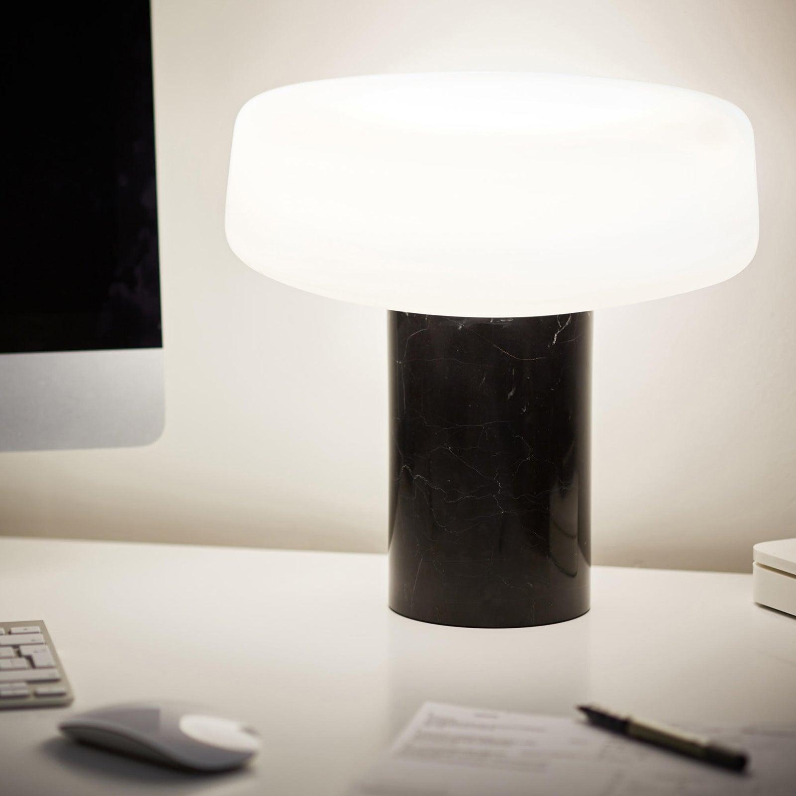Modern Solid Marble Table Lamp with Hand Blown Glass Shade and Cylindrical Base Accent Lighting