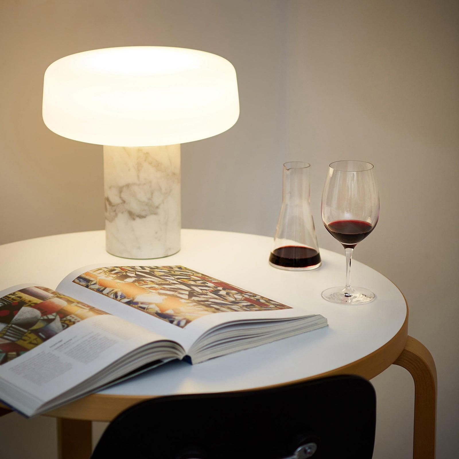 Modern Solid Marble Table Lamp with Hand Blown Glass Shade and Cylindrical Base Accent Lighting