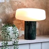 Modern Solid Marble Table Lamp with Hand Blown Glass Shade and Cylindrical Base Accent Lighting