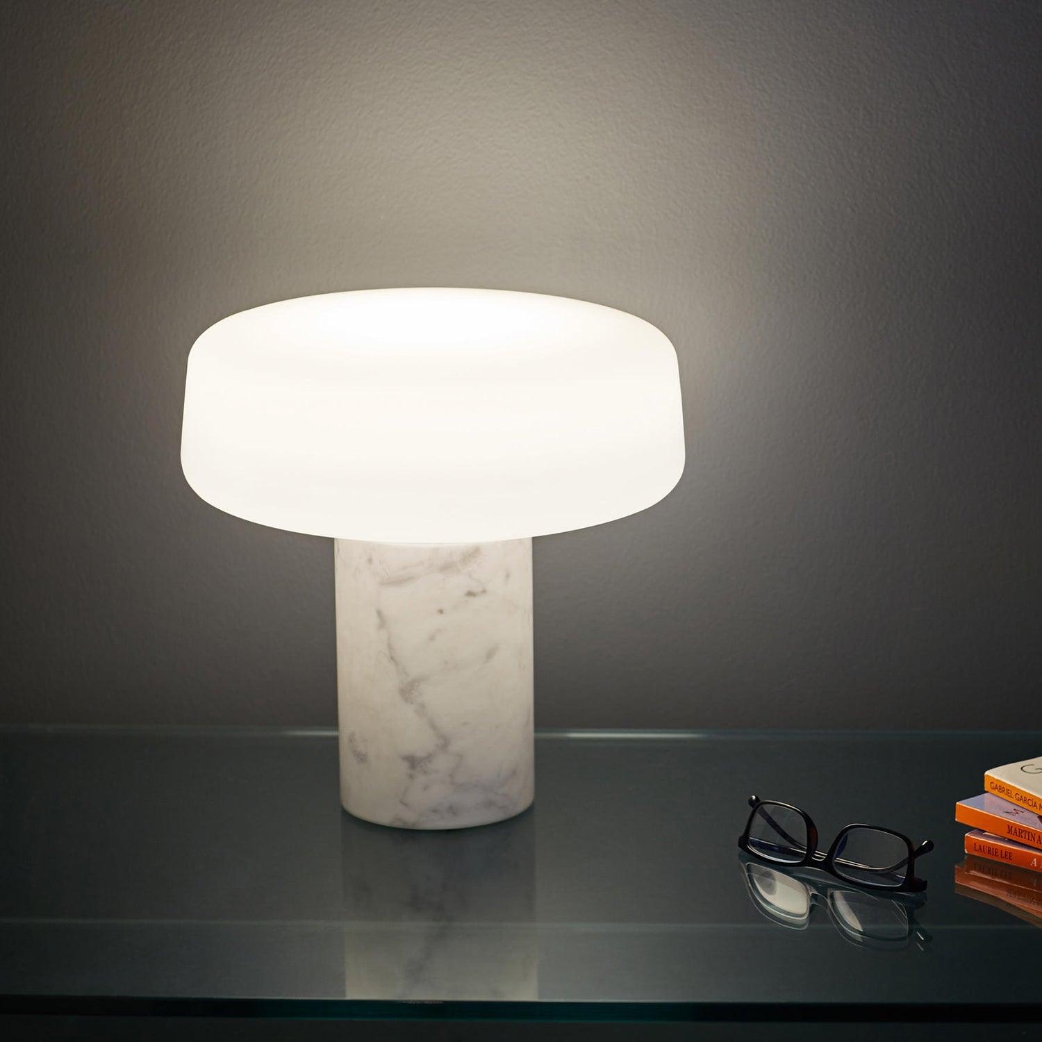 Modern Solid Marble Table Lamp with Hand Blown Glass Shade and Cylindrical Base Accent Lighting