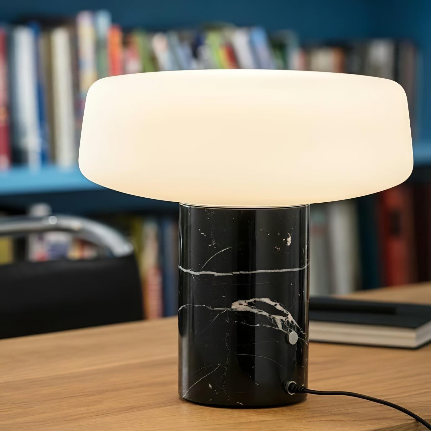Modern Solid Marble Table Lamp with Hand Blown Glass Shade and Cylindrical Base Accent Lighting