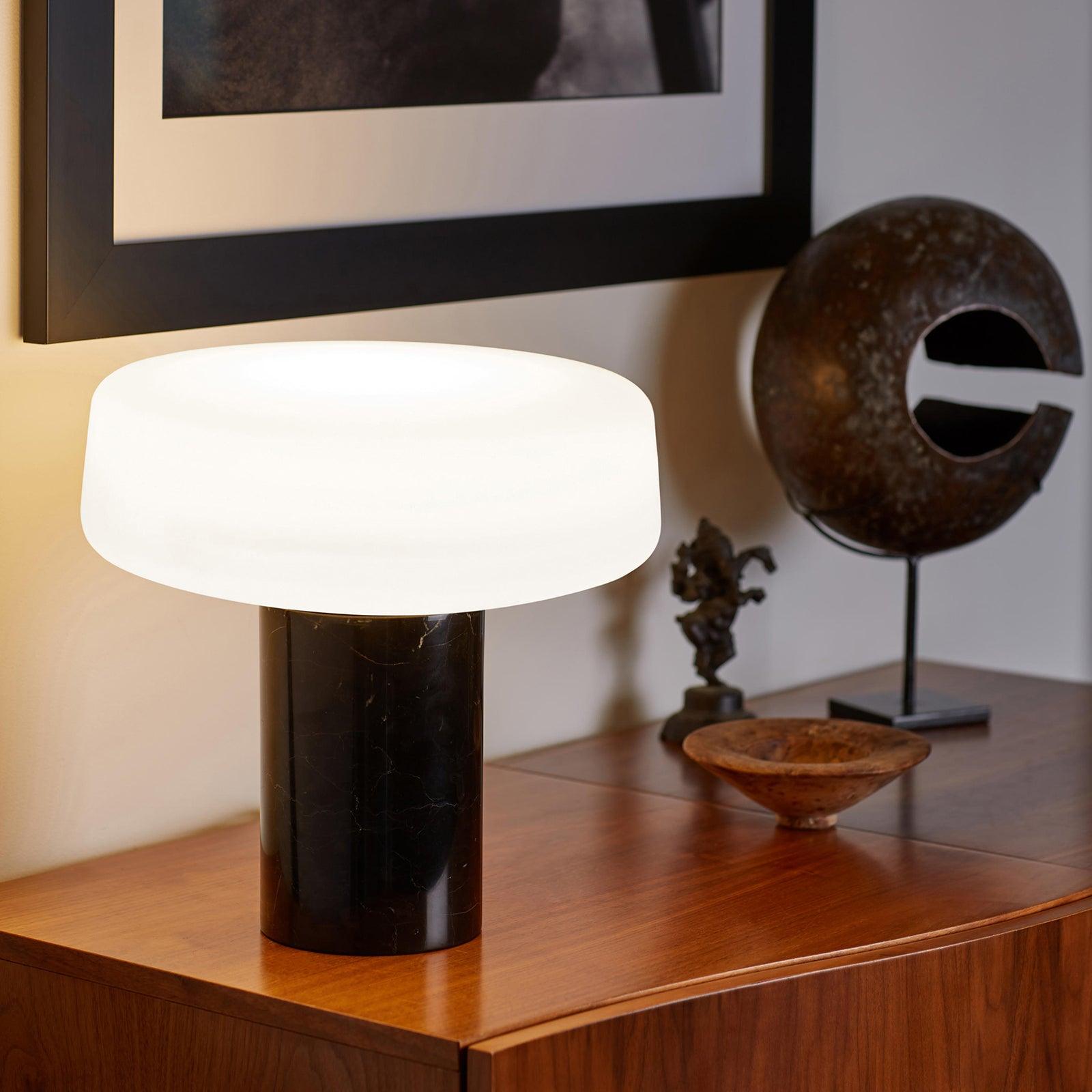 Modern Solid Marble Table Lamp with Hand Blown Glass Shade and Cylindrical Base Accent Lighting