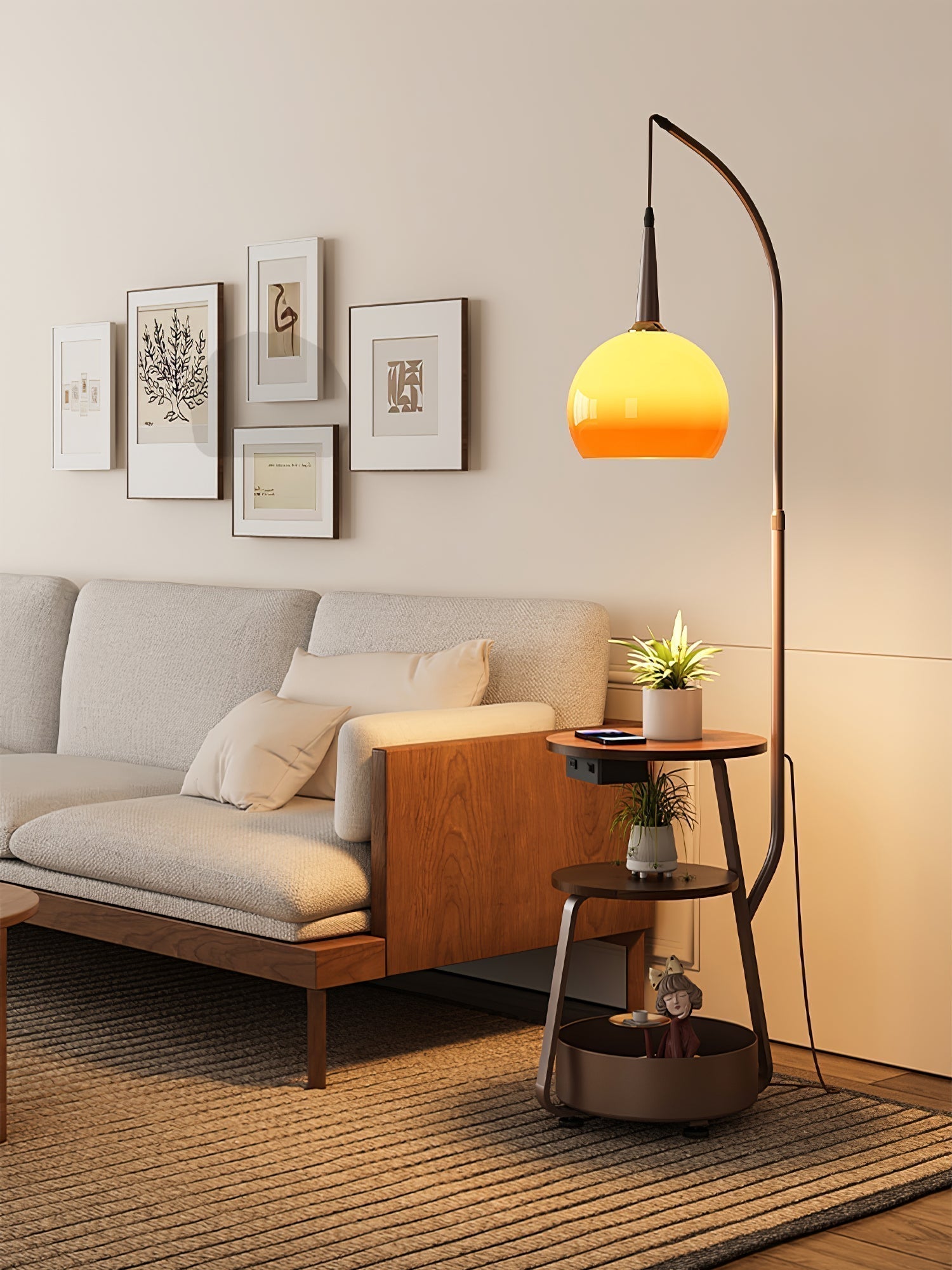 Modern Arched Floor Lamp with Two Tier Wooden Shelves and Gradient Glass Shade for Living Rooms