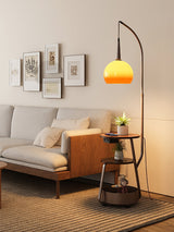 Modern Arched Floor Lamp with Two Tier Wooden Shelves and Gradient Glass Shade for Living Rooms