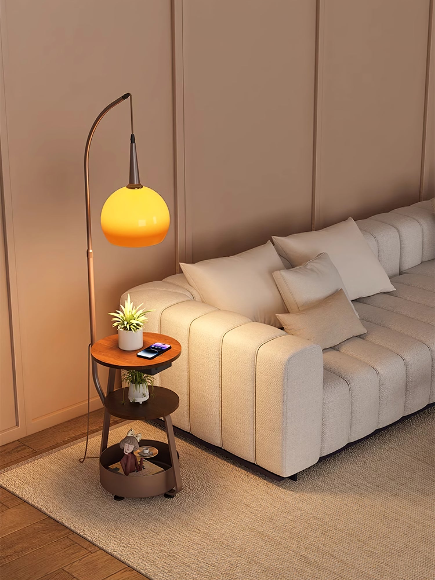 Modern Arched Floor Lamp with Two Tier Wooden Shelves and Gradient Glass Shade for Living Rooms