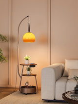 Modern Arched Floor Lamp with Two Tier Wooden Shelves and Gradient Glass Shade for Living Rooms