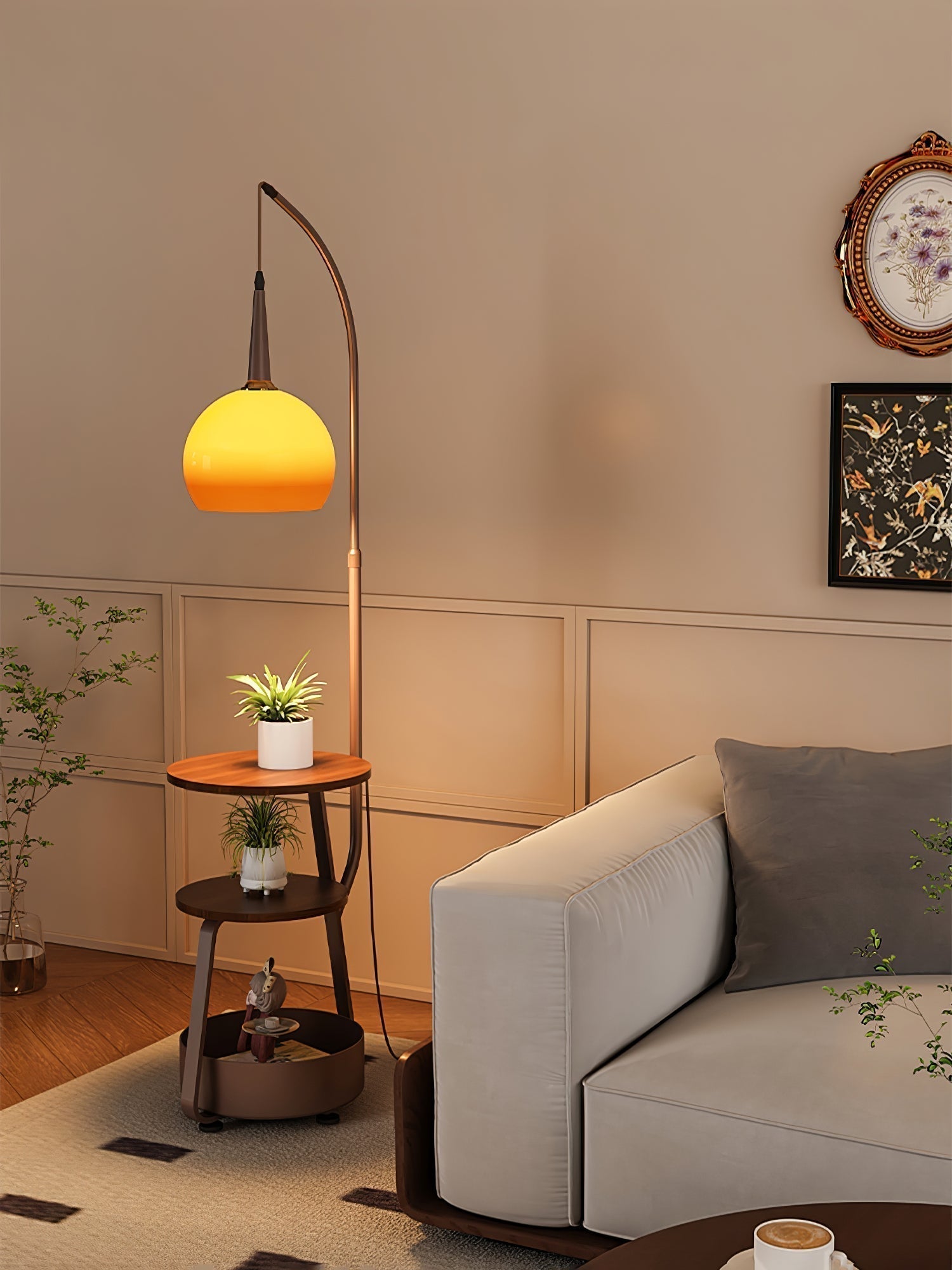Modern Arched Floor Lamp with Two Tier Wooden Shelves and Gradient Glass Shade for Living Rooms