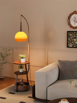 Modern Arched Floor Lamp with Two Tier Wooden Shelves and Gradient Glass Shade for Living Rooms
