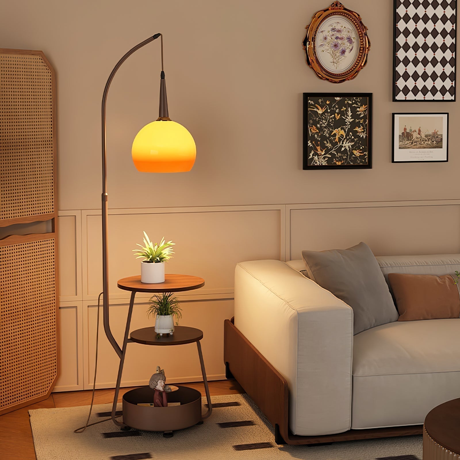 Modern Arched Floor Lamp with Two Tier Wooden Shelves and Gradient Glass Shade for Living Rooms
