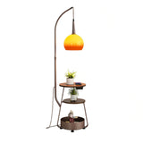 Modern Arched Floor Lamp with Two Tier Wooden Shelves and Gradient Glass Shade for Living Rooms